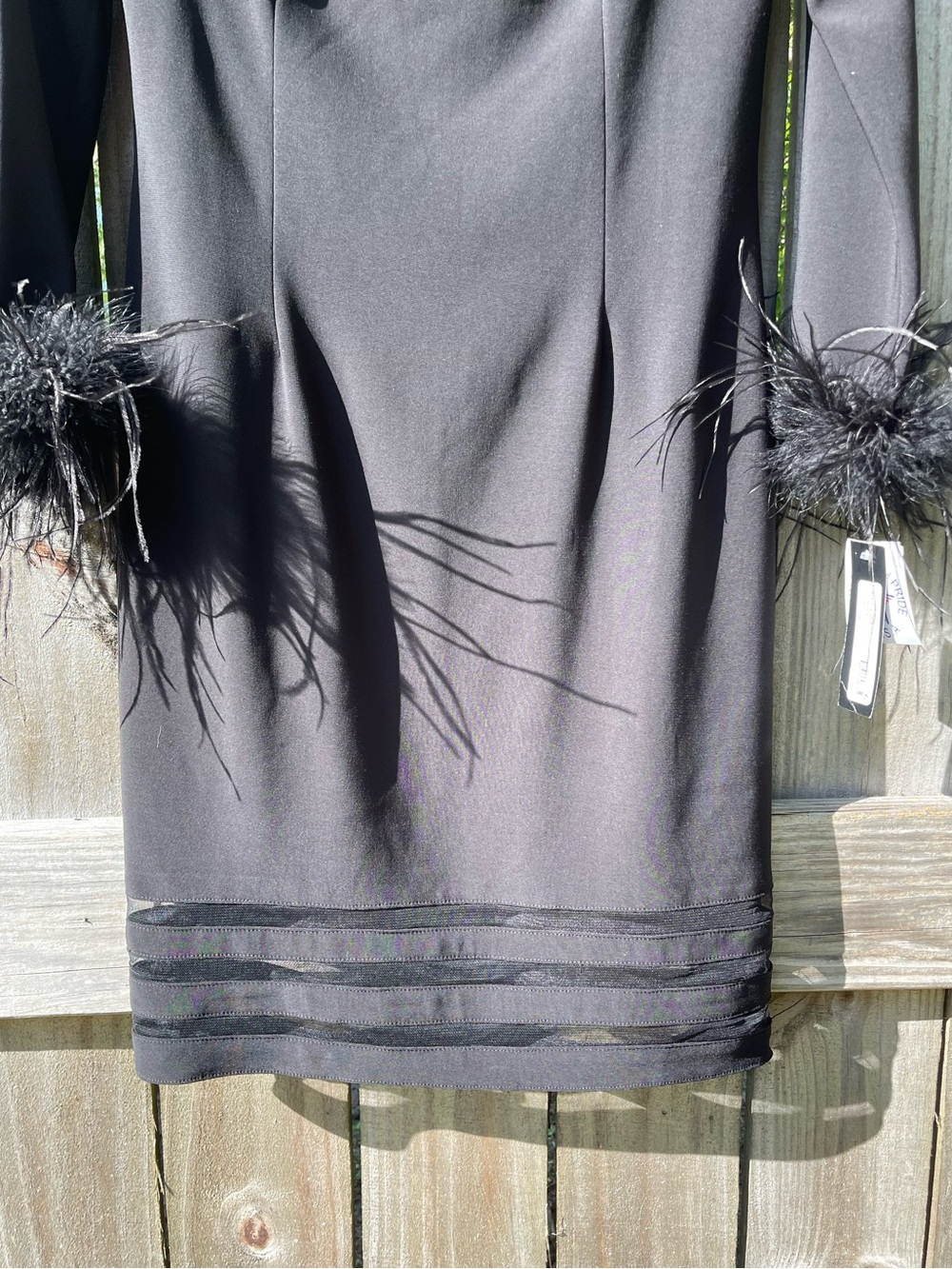 Black Long-Sleeve Sheer Shoulder Dress with Feather Cuffs Sz 12 - Picture 4 of 10